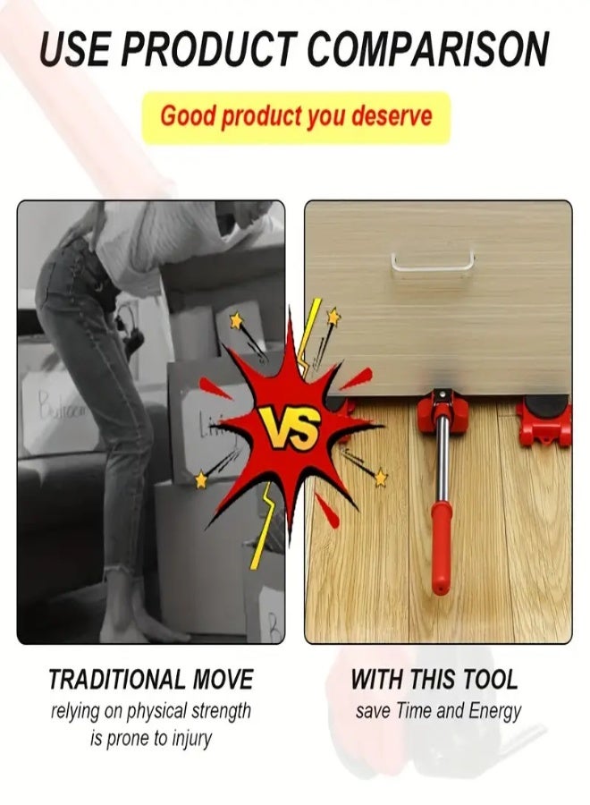 ارواق مجموعة أدوات نقل الأثاث الثقيلة من 5 قطع - مجموعة رافعة ومنزلق للأثاث مع عجلات دوارة وقاعدة بكرة لنقل العناصر الثقيلة وإعادة ترتيب الأريكة والأجهزة - Image 3