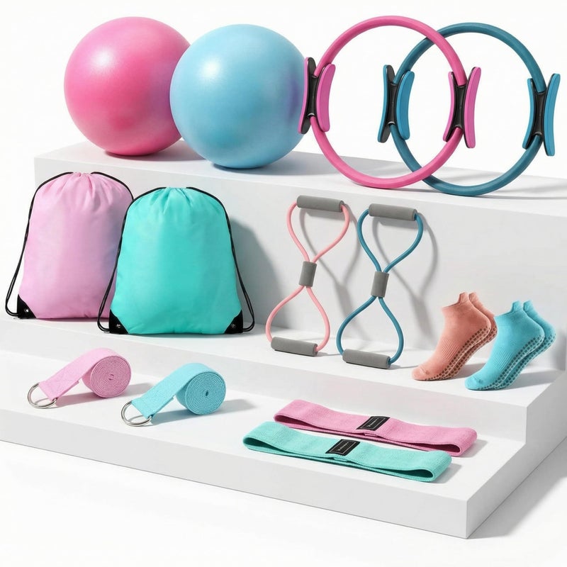 Poen 14 Pcs Pilates Equipment Kit for Home Workout Pilates Ring and Ball Set for Women 12 Circle Yoga Fitness Essentials Kit with Resistance Bands Yoga Strap SocksBag PinkGreenBlue - Image 2