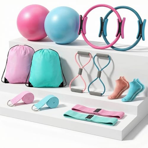 Poen 14 Pcs Pilates Equipment Kit for Home Workout Pilates Ring and Ball Set for Women 12 Circle Yoga Fitness Essentials Kit with Resistance Bands Yoga Strap SocksBag PinkGreenBlue - Image 1