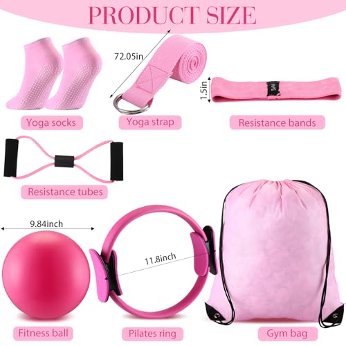 Poen 14 Pcs Pilates Equipment Kit for Home Workout Pilates Ring and Ball Set for Women 12 Circle Yoga Fitness Essentials Kit with Resistance Bands Yoga Strap SocksBag PinkGreenBlue - Image 3