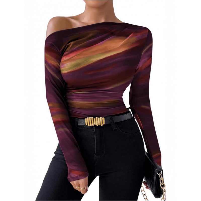2024 Fashion Tie-Dye Printed Asymmetric Ruffled Long-Sleeved T-Shirt - Image 3