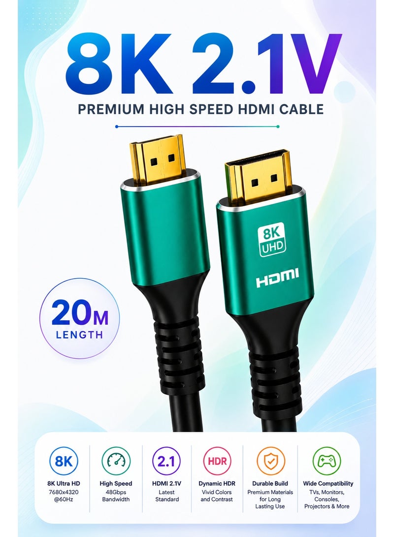 ​كابل كونف كابل HDMI 2.1 بدقة 8K، طول 20 مترًا، يدعم دقة 8K بمعدل 60 هرتز، و4K بمعدل 120 هرتز، و2K بمعدل 240 هرتز، و1080P بمعدل 240 هرتز، بسرعة نقل بيانات تصل إلى 48 جيجابت في الثانية، ويدعم تقنيات 3D، وHDR، وHDCP، وeARC، وDolby. كابل HDMI فائق السرعة لأجهزة الكمبيوتر المحمولة، وأجهزة الكمبيوتر المكتبية، والشاشات، وأجهزة العرض، وأجهزة التلفزيون، وأجهزة PS4، وPS5، وXbox، وSwitch، وأجهزة التلفزيون عالية الدقة، وكاميرات DSLR. - Image 1