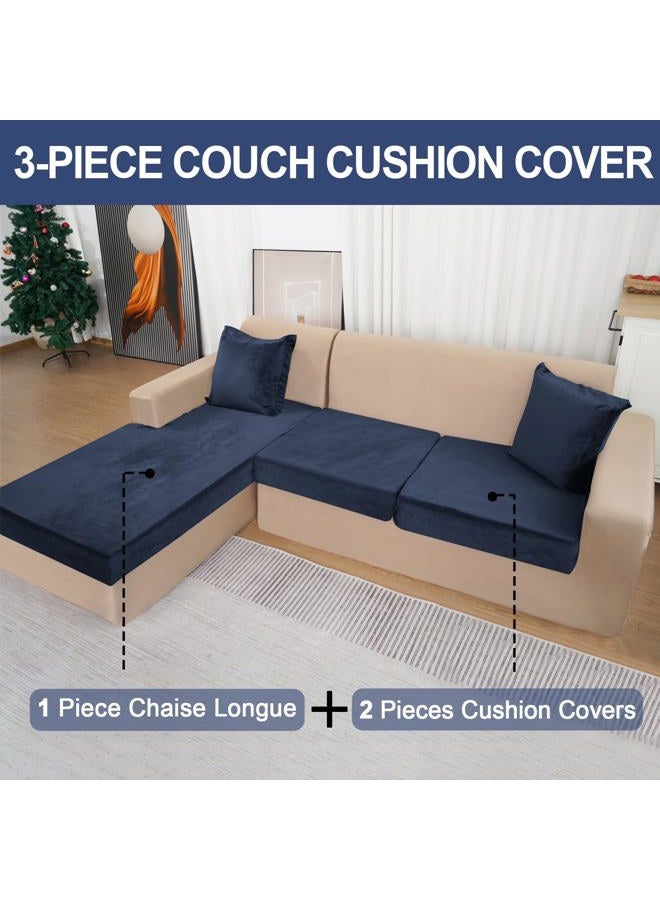 BT.WA Sectional Couch Covers for 3-Piece Seat Cushion Velvet Separate L Shape Couch Cover Stretch Sofa Slipcover with 2 Pieces Pillowcases Furniture Protector (Sofa 2 Seater + 1 Chaise, Navy) - Image 2