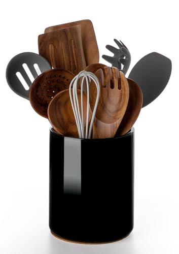 Nucookery Utensil Holder, 6.4" Ceramic Kitchen Utensil Holder with Countertop-Protection Cork Bottom, Farmhouse Kitchen Decor for Counter (Black) - Image 1