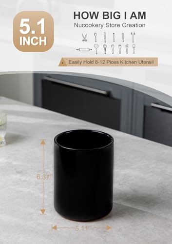 Nucookery Utensil Holder, 6.4" Ceramic Kitchen Utensil Holder with Countertop-Protection Cork Bottom, Farmhouse Kitchen Decor for Counter (Black) - Image 2