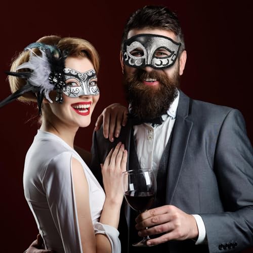 MYSEUNI 2025 New Silver Masquerade Mask with Feather for Couples -Venetian Masquerade Masks for Women & Men Mardi Gras Mask Carnivals Halloween Costume, Black Silver - Image 4