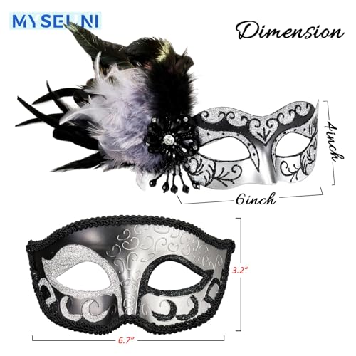 MYSEUNI 2025 New Silver Masquerade Mask with Feather for Couples -Venetian Masquerade Masks for Women & Men Mardi Gras Mask Carnivals Halloween Costume, Black Silver - Image 2