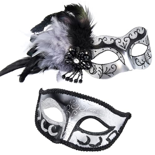 MYSEUNI 2025 New Silver Masquerade Mask with Feather for Couples -Venetian Masquerade Masks for Women & Men Mardi Gras Mask Carnivals Halloween Costume, Black Silver - Image 1