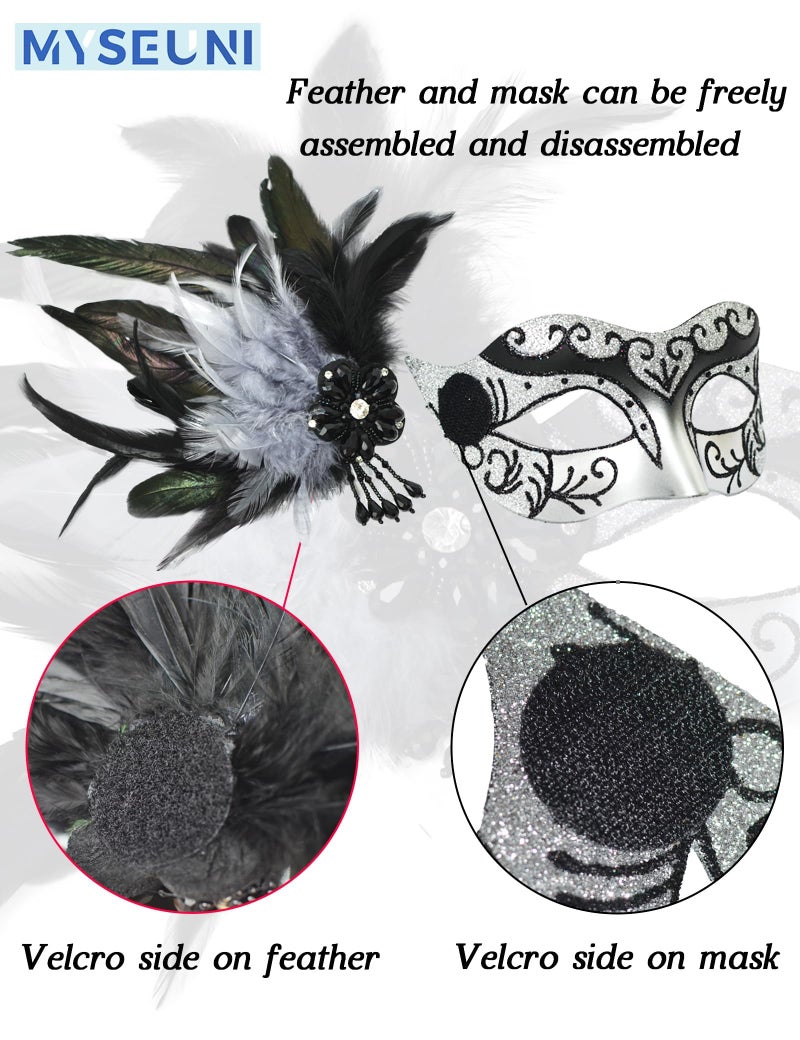 MYSEUNI 2025 New Silver Masquerade Mask with Feather for Couples -Venetian Masquerade Masks for Women & Men Mardi Gras Mask Carnivals Halloween Costume, Black Silver - Image 5