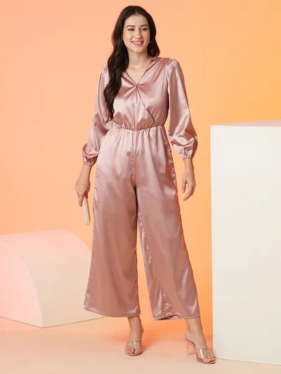 globus Women Taupe V-Neck Basic Jumpsuit