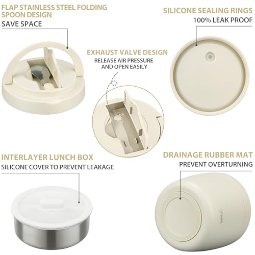 wiwens Thermo Food Jar for Hot Food Adults 32OZ Soup Thermo Lunch Containers Wide Mouth Vacuum Insulated Stainless Steel Leakproof Bento Box with Spoon (Beige) - Image 4