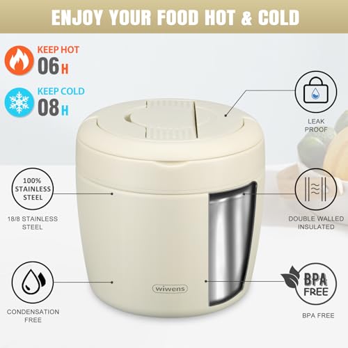 wiwens Thermo Food Jar for Hot Food Adults 32OZ Soup Thermo Lunch Containers Wide Mouth Vacuum Insulated Stainless Steel Leakproof Bento Box with Spoon (Beige) - Image 3