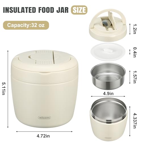 wiwens Thermo Food Jar for Hot Food Adults 32OZ Soup Thermo Lunch Containers Wide Mouth Vacuum Insulated Stainless Steel Leakproof Bento Box with Spoon (Beige) - Image 5