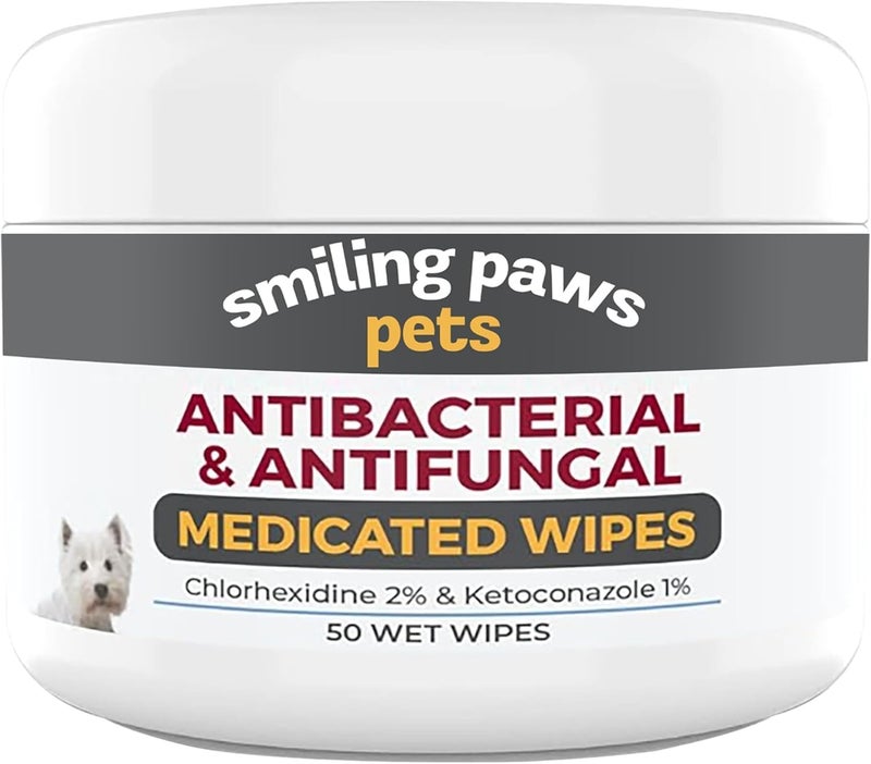 Smiling Paws Pets ابتسامة أقدام الحيوانات الأليفة - مناديل مضادة للبكتيريا والفطريات للكلاب والقطط (تحتوي على كلورهيكسيدين وكيتوكونازول) - Image 1
