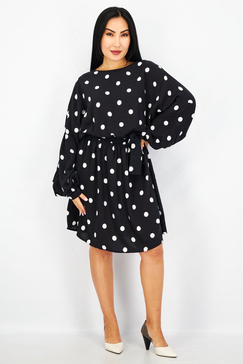 EDC Women Long Sleeve Polka Dot Belted Mini Dress, Black - Image 1