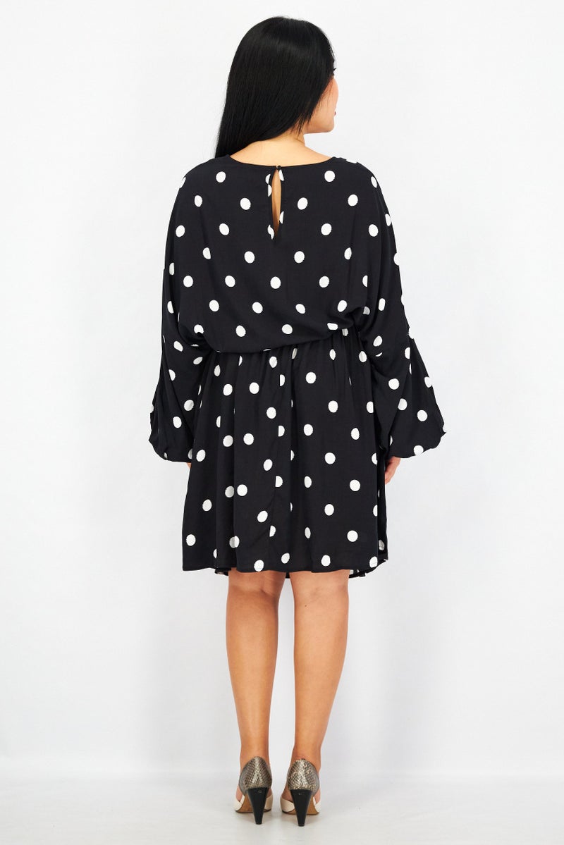 EDC Women Long Sleeve Polka Dot Belted Mini Dress, Black - Image 3