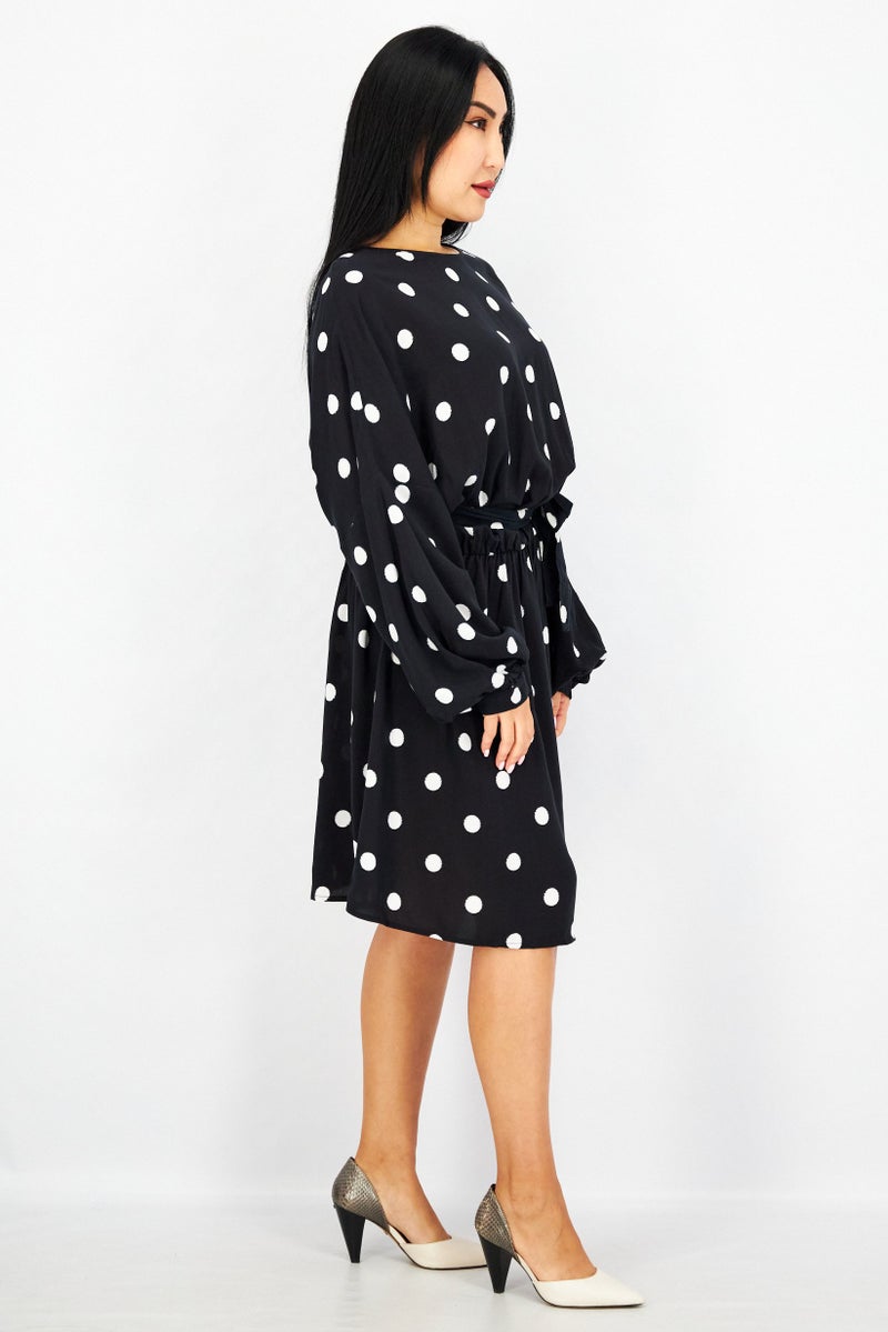 EDC Women Long Sleeve Polka Dot Belted Mini Dress, Black - Image 2