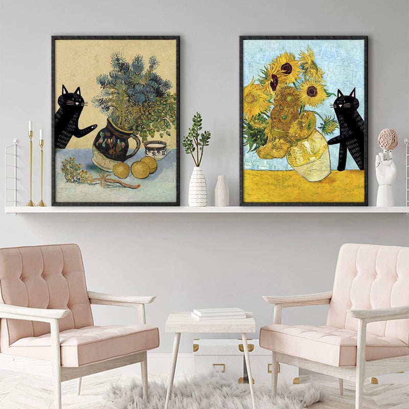 NCYEL Fun Black Cat Floral Sunflower Wall Art - 2 Piece Set - Image 2