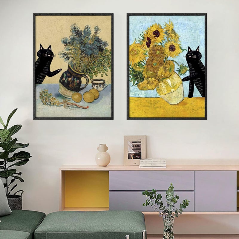 NCYEL Fun Black Cat Floral Sunflower Wall Art - 2 Piece Set - Image 3