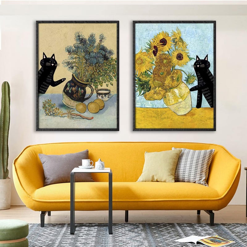 NCYEL Fun Black Cat Floral Sunflower Wall Art - 2 Piece Set - Image 4