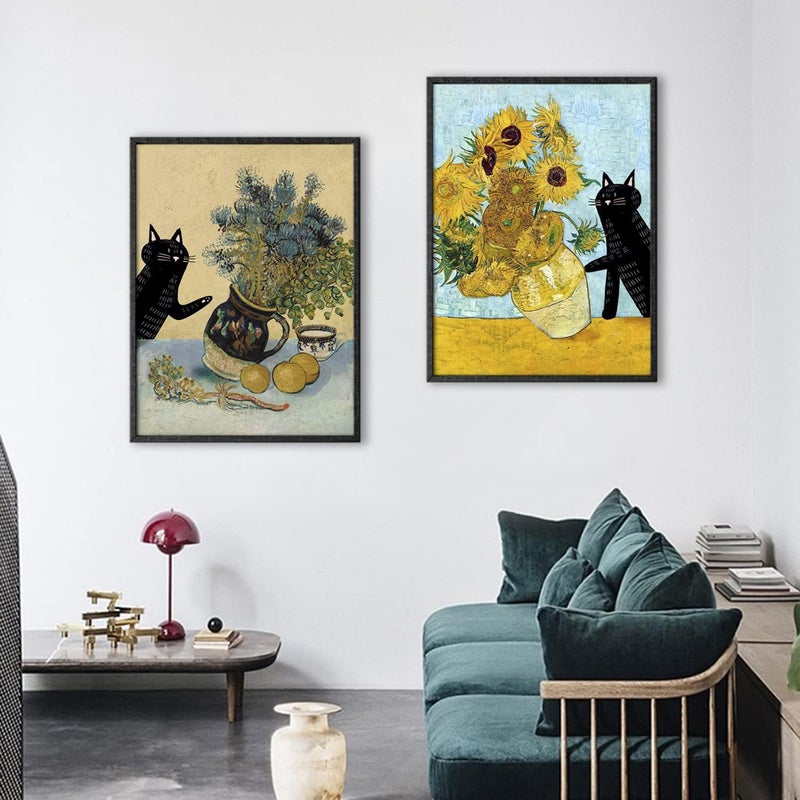 NCYEL Fun Black Cat Floral Sunflower Wall Art - 2 Piece Set - Image 5