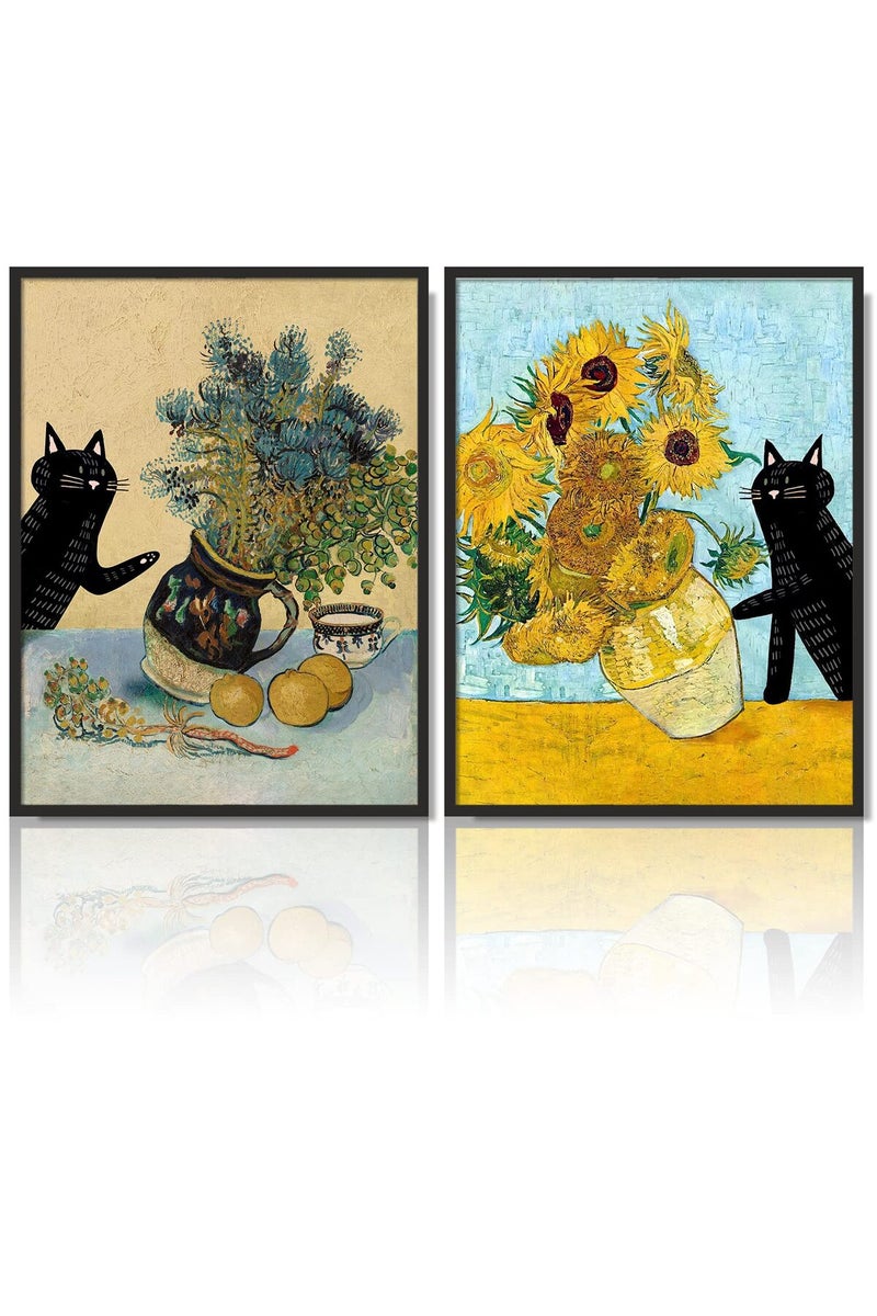 NCYEL Fun Black Cat Floral Sunflower Wall Art - 2 Piece Set - Image 1