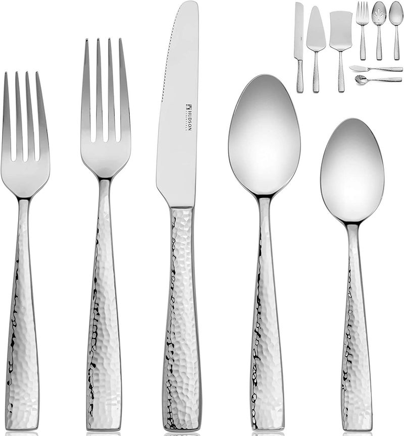 Hudson Essentials 68-Piece Hammered 18/10 Stainless Steel Silverware Cutlery Set with Serving Set, Flatware Service for 12 (68-Piece Set) - Image 1