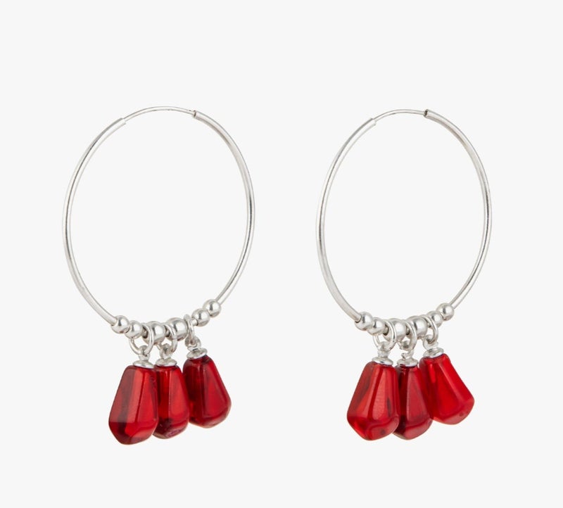 Minza “Chele Night” Women’s Earrings, 925 Sterling Silver Hoop Earrings with Pomegranate Resin Drops, Hypoallergenic Statement Earrings for Women, Jewelry for Casual & Special Occasion. - Image 4