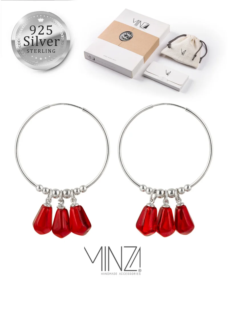Minza “Chele Night” Women’s Earrings, 925 Sterling Silver Hoop Earrings with Pomegranate Resin Drops, Hypoallergenic Statement Earrings for Women, Jewelry for Casual & Special Occasion.