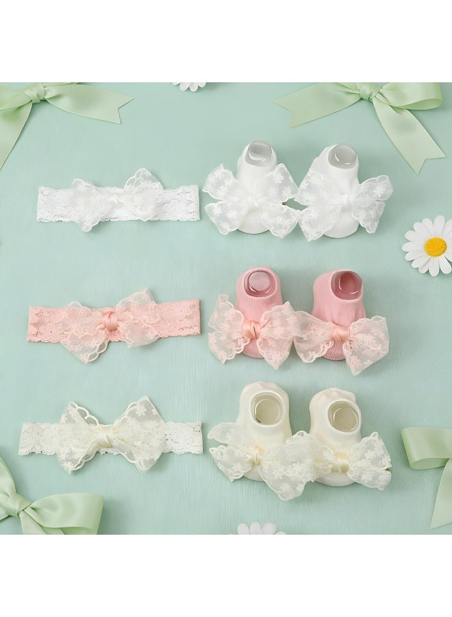 TACMEKA Baby Girls Headbands and Socks, Non-Slip Grips, Ribbon Bow Elastic, for Newborns Infants Toddlers and Kids(Beige, Pink, White) - Image 1