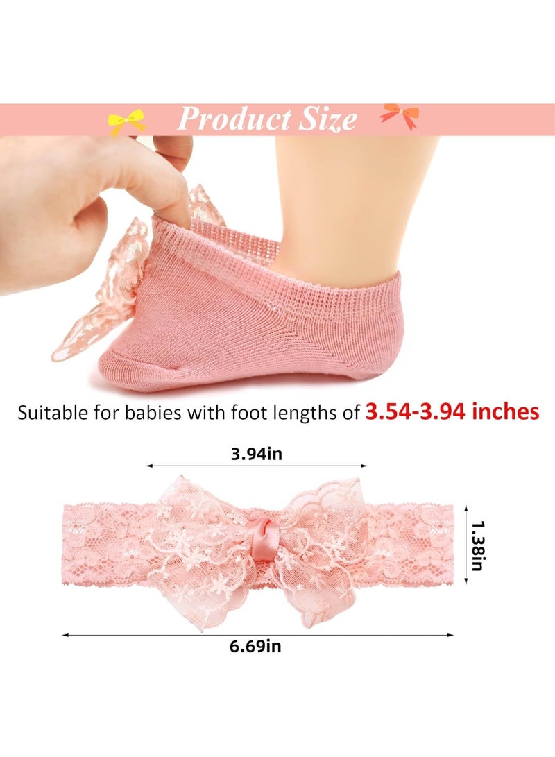 TACMEKA Baby Girls Headbands and Socks, Non-Slip Grips, Ribbon Bow Elastic, for Newborns Infants Toddlers and Kids(Beige, Pink, White) - Image 2