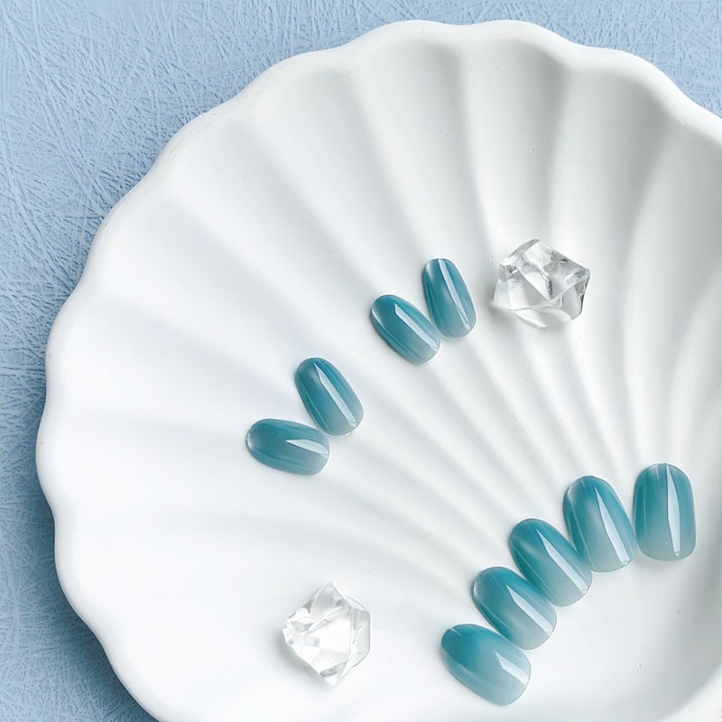 KQueenest Cat Eye Press on Nails Short Oval, 30 Pcs Pastel Baby Blue Fake Nails Extra Short Round, Glitter Glass Glue on Nails Almond, Reusable Shiny Chrome False Nails for Women Small Size - Image 4