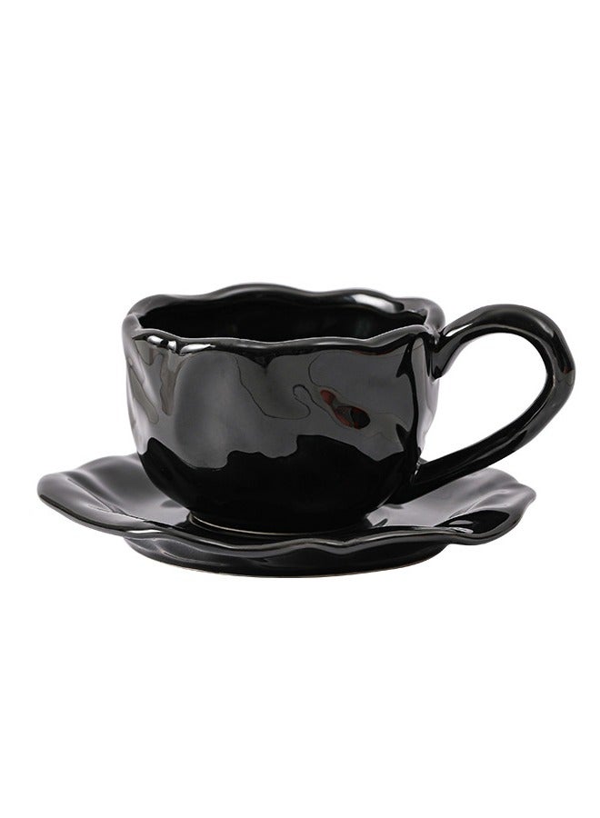 Ceramic Coffee Mug with Saucer, Unique Clashing Petal Shape for Office and Home, Black, 8oz  - Image 1