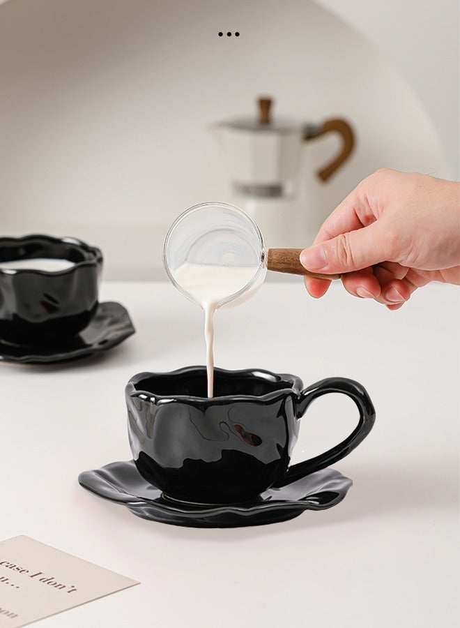 Ceramic Coffee Mug with Saucer, Unique Clashing Petal Shape for Office and Home, Black, 8oz  - Image 4