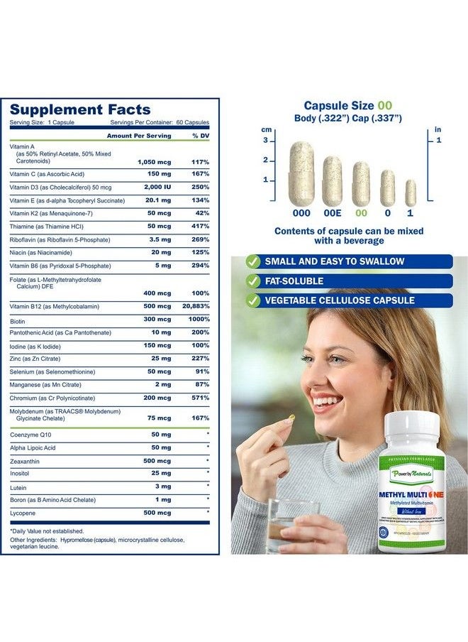 Power By Naturals - Methyl Multi One Methylated Multivitamin Without Iron Just One Daily Mthfr Supplement With Methyl B12 Methylfolate + 25 Nutrients For A Complete Multi Vitamin For Adults 60Ct. - Image 1