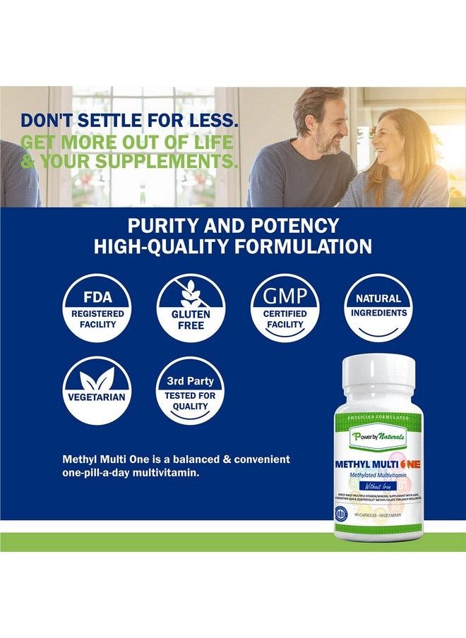 Power By Naturals - Methyl Multi One Methylated Multivitamin Without Iron Just One Daily Mthfr Supplement With Methyl B12 Methylfolate + 25 Nutrients For A Complete Multi Vitamin For Adults 60Ct. - Image 1