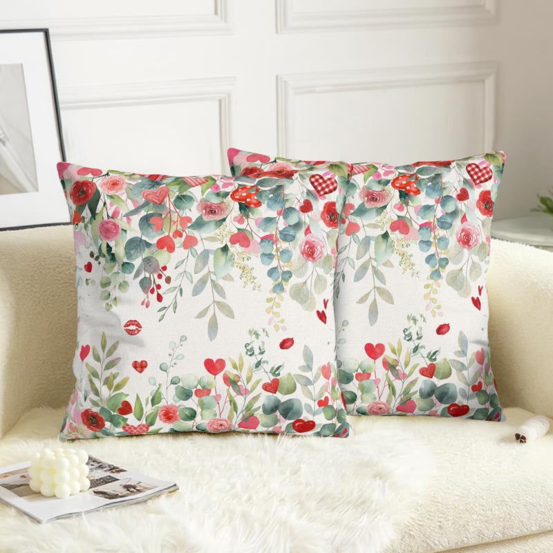 Wnoesat Valentines Day Floral Throw Pillow Covers 18x18 Inch Set of 2 Red Pink Roses Hearts Pillowcases Valentines Eucalyptus Leaves Decorative Cushion Covers for Home Sofa Bed - Image 2