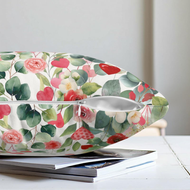 Wnoesat Valentines Day Floral Throw Pillow Covers 18x18 Inch Set of 2 Red Pink Roses Hearts Pillowcases Valentines Eucalyptus Leaves Decorative Cushion Covers for Home Sofa Bed - Image 5