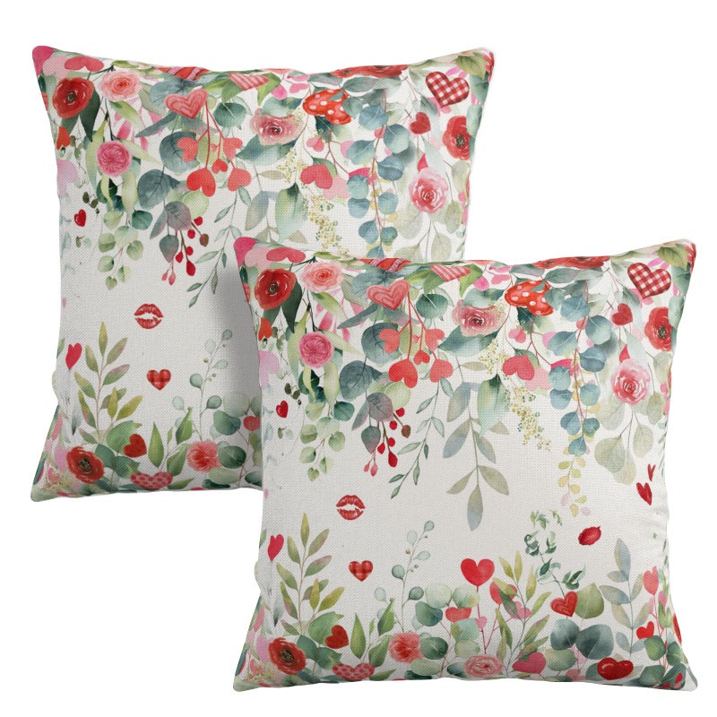 Wnoesat Valentines Day Floral Throw Pillow Covers 18x18 Inch Set of 2 Red Pink Roses Hearts Pillowcases Valentines Eucalyptus Leaves Decorative Cushion Covers for Home Sofa Bed - Image 1
