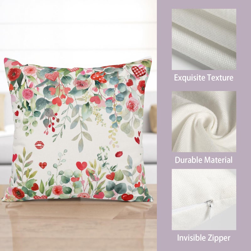 Wnoesat Valentines Day Floral Throw Pillow Covers 18x18 Inch Set of 2 Red Pink Roses Hearts Pillowcases Valentines Eucalyptus Leaves Decorative Cushion Covers for Home Sofa Bed - Image 4