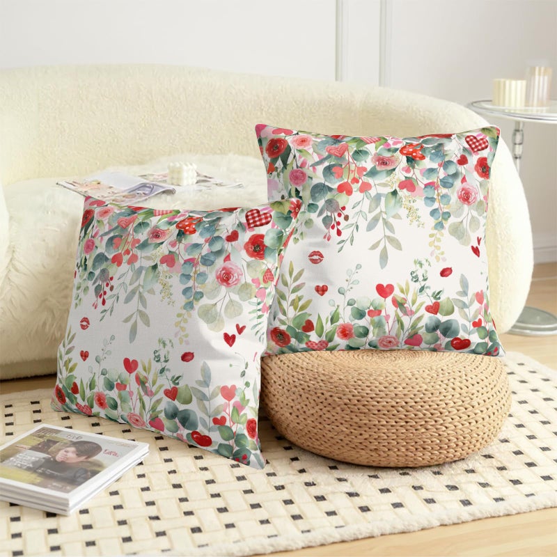 Wnoesat Valentines Day Floral Throw Pillow Covers 18x18 Inch Set of 2 Red Pink Roses Hearts Pillowcases Valentines Eucalyptus Leaves Decorative Cushion Covers for Home Sofa Bed - Image 3