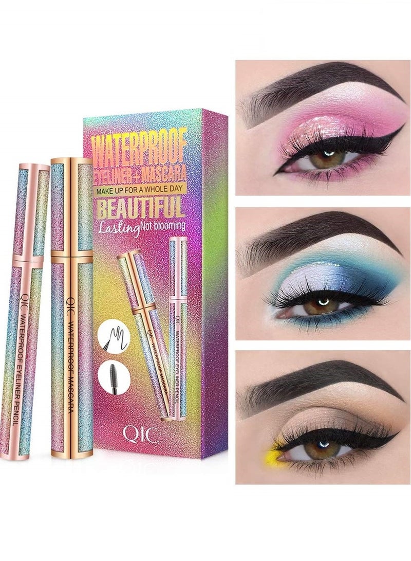 QIC 2 in 1 Eyeliner and Mascara Set Black Liquid Eyeliner Pencil Waterproof Mascara Black Volume and Length Long Lasting Lengthening No Blooming Eyes Makeup Kit - Image 1