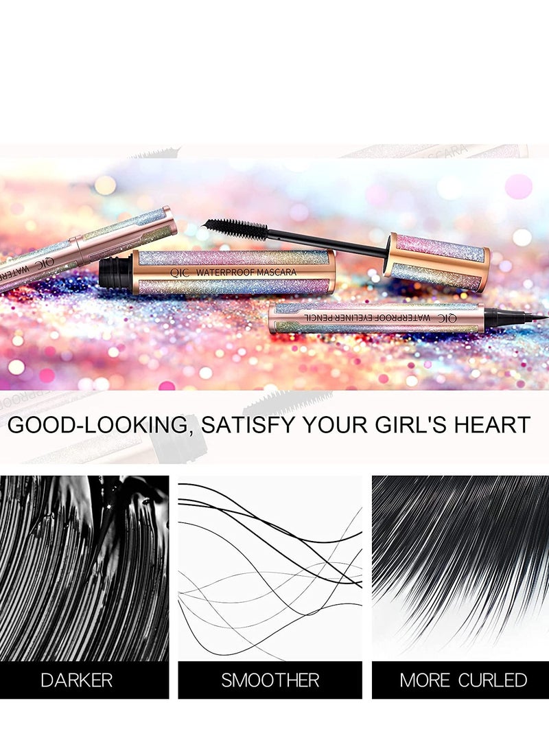 QIC 2 in 1 Eyeliner and Mascara Set Black Liquid Eyeliner Pencil Waterproof Mascara Black Volume and Length Long Lasting Lengthening No Blooming Eyes Makeup Kit - Image 3