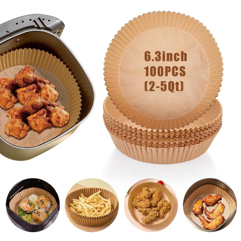 Fondpen Air Fryer Paper Liners, 100PCS Non-Stick Air Fryer Liners Parchment Paper, 6.3 Inch Air Fryer Liners Disposable, Round Airfryer Liners for 2-5QT Air Fryer Baking Roasting Microwave - Image 1