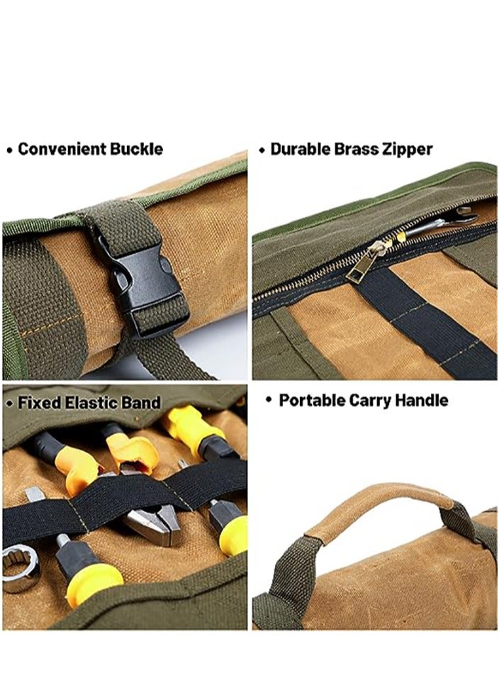 Tool Roll, 16OZ Waxed Canvas Roll Up Tool Pouch with Handle & 23 Pockets & 2 Adjustable Buckles Multi Purpose Rolled Tool Bag for Wrench Chisel Hammer - Image 4