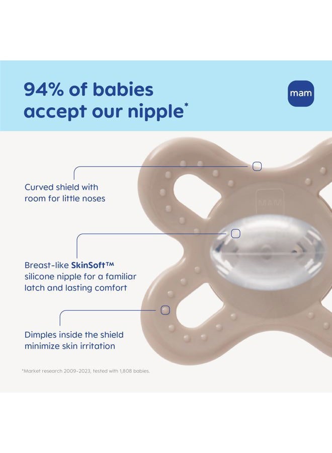 MAM لهايات مات الأصلية للأطفال، مناسبة من 0-3 أشهر، سيليكون خالي من BPA، سهلة التنظيف، الأفضل للمواليد الجدد، تم تطويرها مع خبراء طبيين، عبوة تحتوي على 2 لهاية مع علبة تعقيم - Image 3