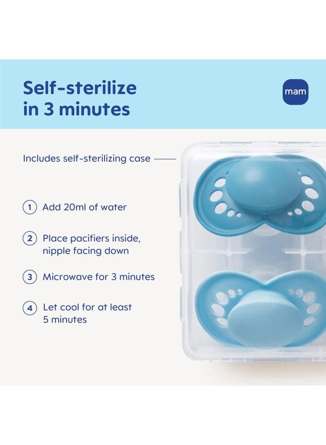 MAM لهايات مات الأصلية للأطفال، مناسبة من 0-3 أشهر، سيليكون خالي من BPA، سهلة التنظيف، الأفضل للمواليد الجدد، تم تطويرها مع خبراء طبيين، عبوة تحتوي على 2 لهاية مع علبة تعقيم - Image 4