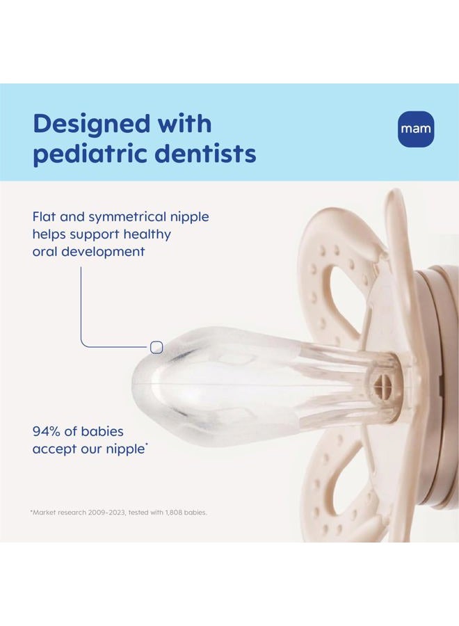 MAM لهايات مات الأصلية للأطفال، مناسبة من 0-3 أشهر، سيليكون خالي من BPA، سهلة التنظيف، الأفضل للمواليد الجدد، تم تطويرها مع خبراء طبيين، عبوة تحتوي على 2 لهاية مع علبة تعقيم - Image 2