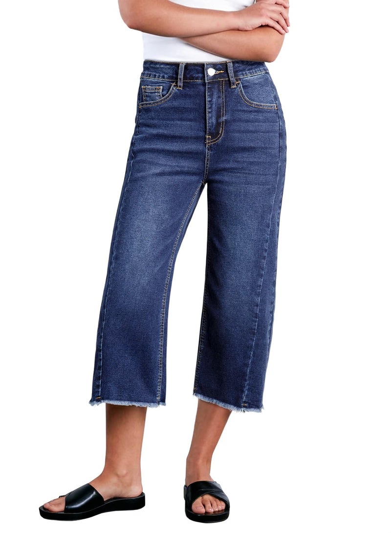 Sidefeel Women's High Waisted Jeans Stretchy Straight Leg Raw Hem Capri Pants Size 12 Dark Blue - Image 1