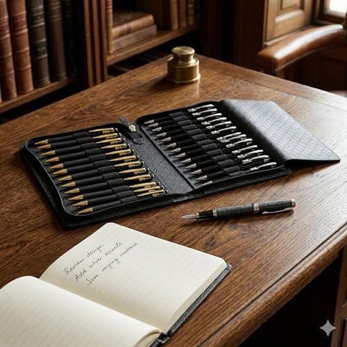 essart Premium PU Leather Men's & Women's Pen case for 24 pcs Pen Organizer Pen Case Pencil Case - Zippered Pen Pencil Bag Pouch for School, Work & Office Marker Case Organizer Colour D-Black - Image 2